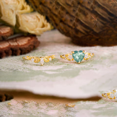 Nature - Inspired 3 - Prong Heart - Cut Natural Moss Agate Stackable Ring Set