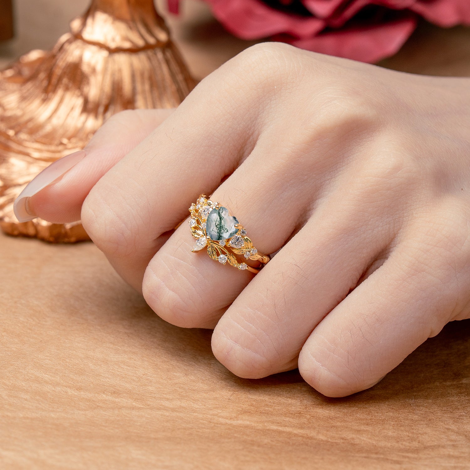 Nature - Inspired 3 - Prong Heart - Cut Natural Moss Agate Bridal Ring Set