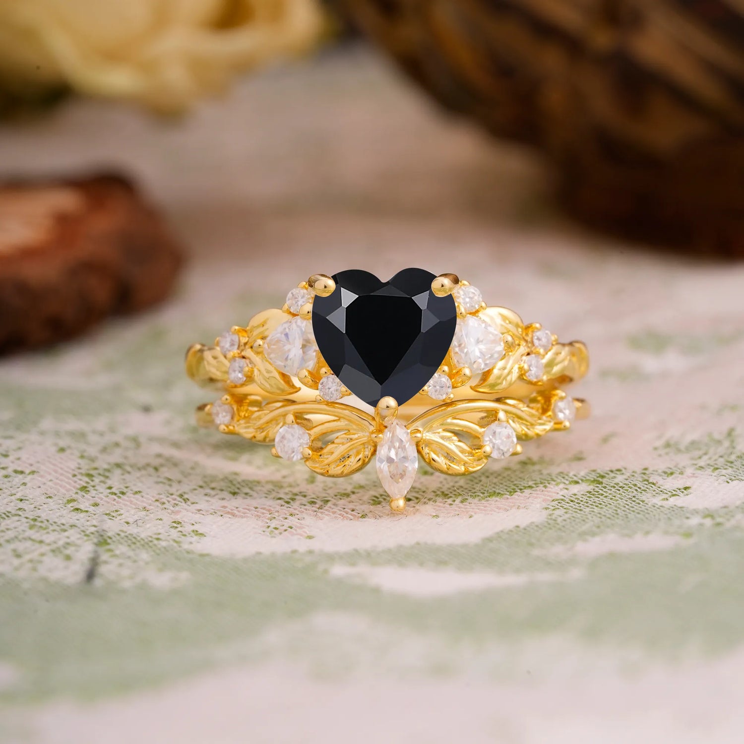Nature - Inspired 3 - Prong Heart - Cut Natural Black Onyx Bridal Ring Set