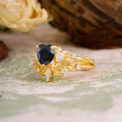 Nature - Inspired 3 - Prong Heart - Cut Natural Black Onyx Stackable Ring Set