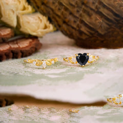 Nature - Inspired 3 - Prong Heart - Cut Natural Black Onyx Stackable Ring Set