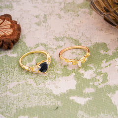 Nature - Inspired 3 - Prong Heart - Cut Natural Black Onyx Stackable Ring Set