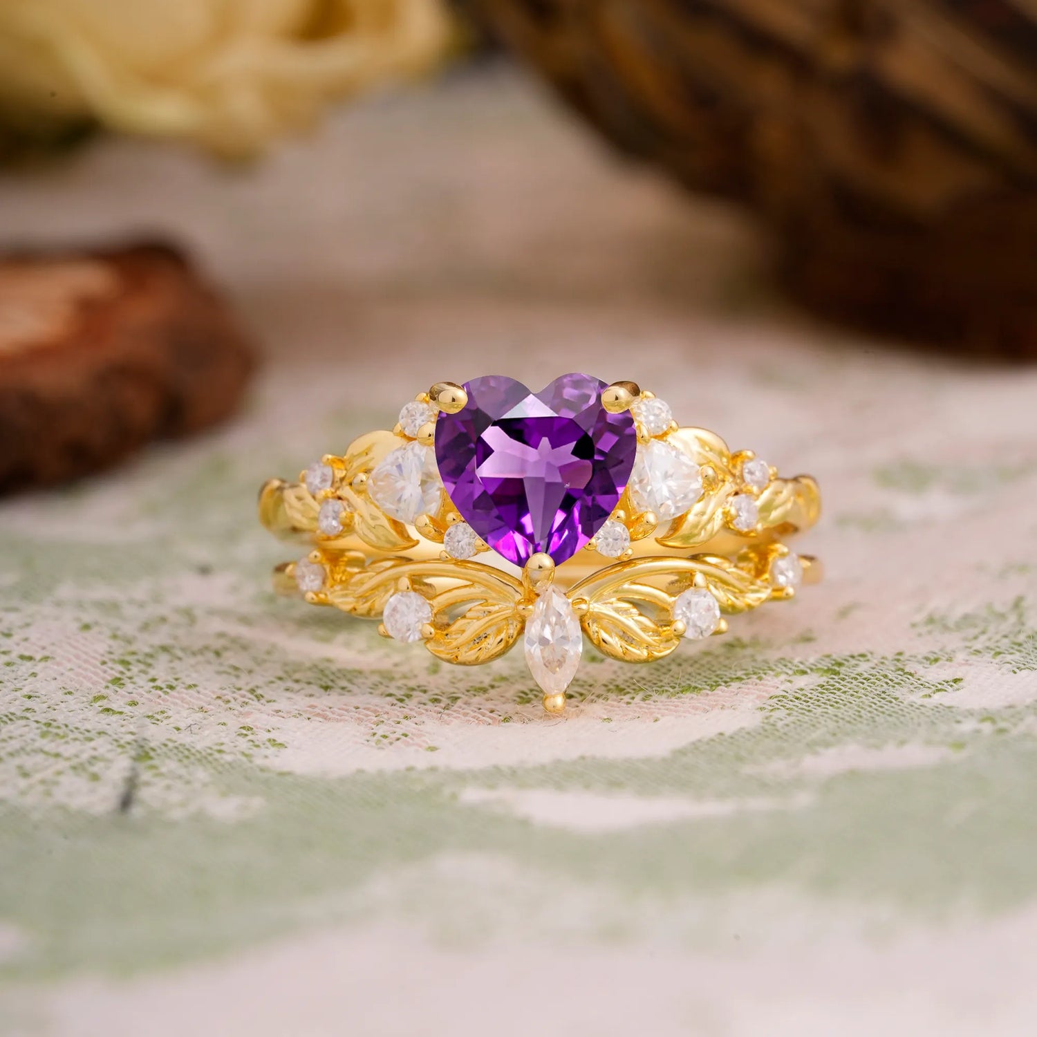 Nature - Inspired 3 - Prong Heart - Cut Natural Amethyst Bridal Ring Set