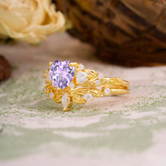 Nature - Inspired 3 - Prong Heart - Cut Natural Amethyst Stackable Ring Set