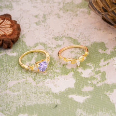 Nature - Inspired 3 - Prong Heart - Cut Natural Amethyst Stackable Ring Set