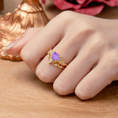 Nature - Inspired 3 - Prong Heart - Cut Natural Amethyst Stackable Ring Set