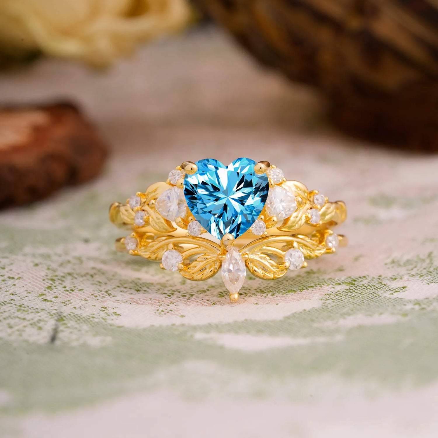 Nature - Inspired 3 - Prong Heart - Cut Aquamarine Bridal Ring Set