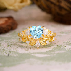Nature - Inspired 3 - Prong Heart - Cut Aquamarine Stackable Ring Set