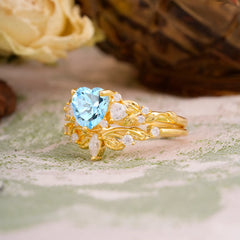 Nature - Inspired 3 - Prong Heart - Cut Aquamarine Stackable Ring Set