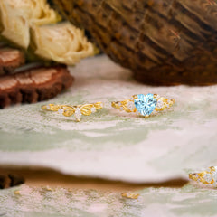 Nature - Inspired 3 - Prong Heart - Cut Aquamarine Stackable Ring Set