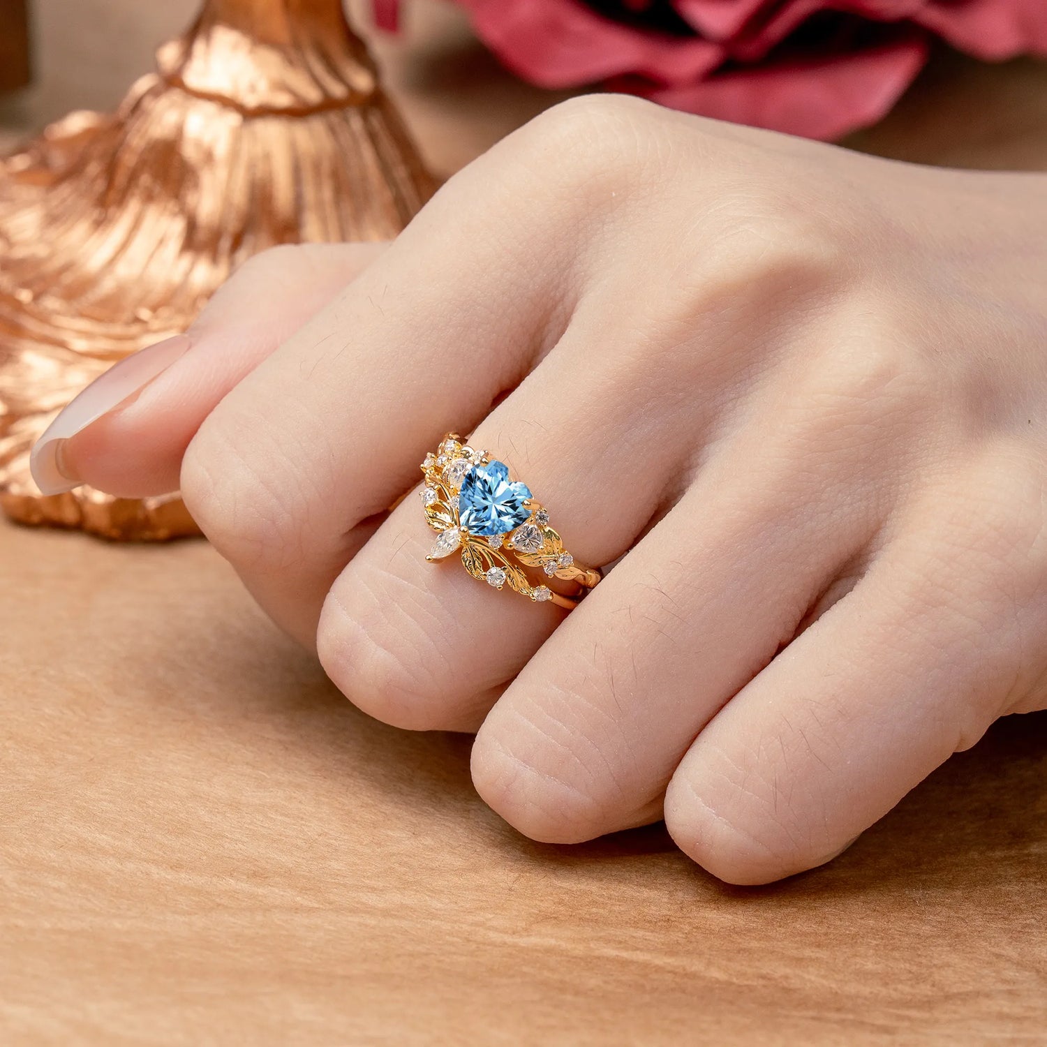 Nature - Inspired 3 - Prong Heart - Cut Aquamarine Bridal Ring Set