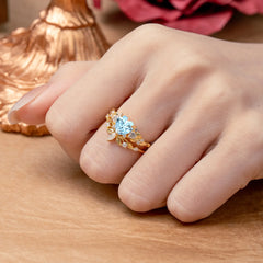Nature - Inspired 3 - Prong Heart - Cut Aquamarine Stackable Ring Set