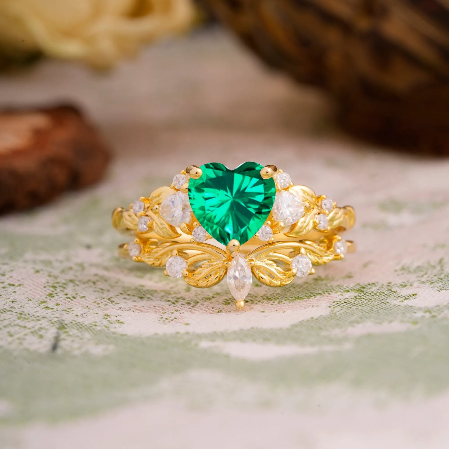 Nature - Inspired 3 - Prong Heart - Cut Emerald Bridal Ring Set