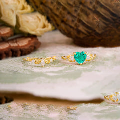 Nature - Inspired 3 - Prong Heart - Cut Emerald Stackable Ring Set