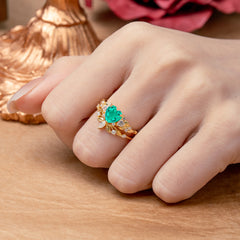 Nature - Inspired 3 - Prong Heart - Cut Emerald Stackable Ring Set