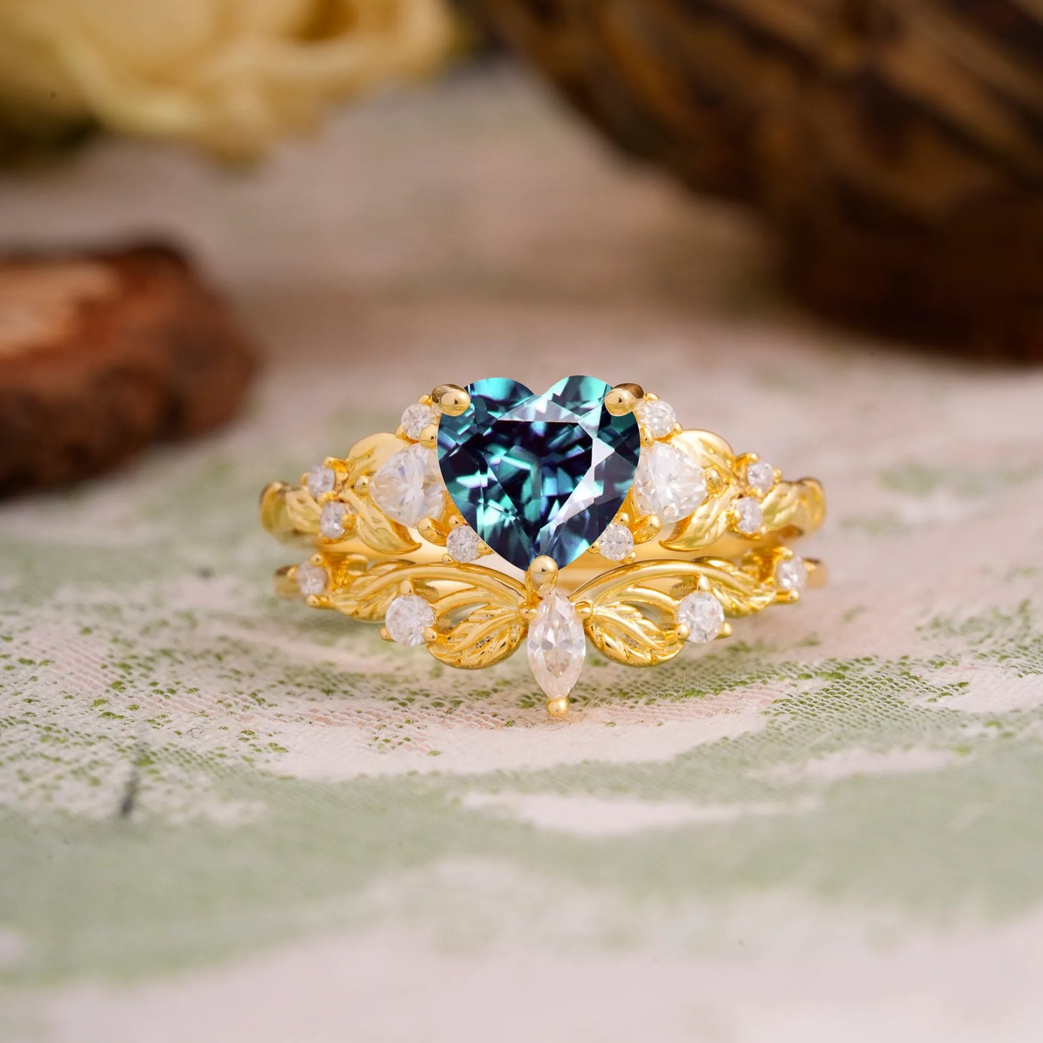 Nature - Inspired 3 - Prong Heart - Cut Alexandrite Stackable Ring Set