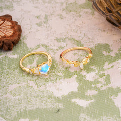 Nature - Inspired 3 - Prong Heart - Cut Natural Moonstone Stackable Ring Set