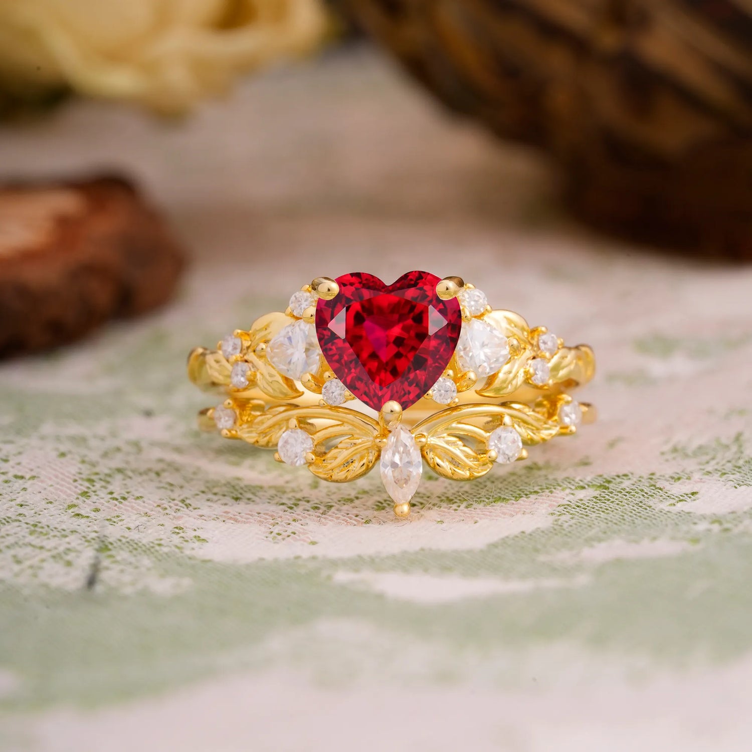 Nature - Inspired 3 - Prong Heart - Cut Ruby Bridal Ring Set