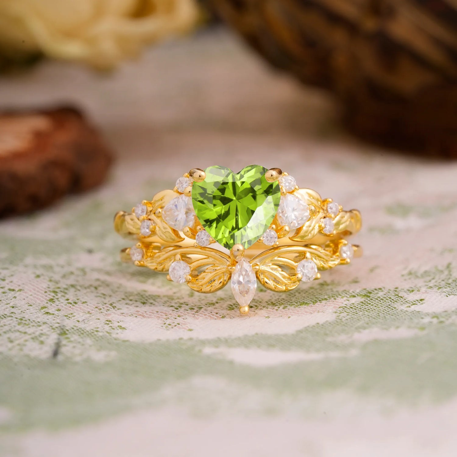 Nature - Inspired 3 - Prong Heart - Cut Natural Peridot Bridal Ring Set