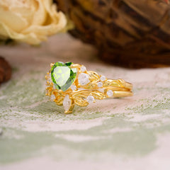 Nature - Inspired 3 - Prong Heart - Cut Natural Peridot Stackable Ring Set