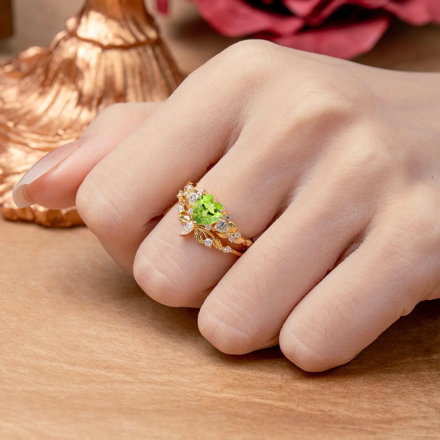 Nature - Inspired 3 - Prong Heart - Cut Natural Peridot Bridal Ring Set