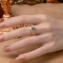 Classic Retro Luxury 4-Prong Kite-Cut Natural Black Rutilated Quartz Stackable Ring Set