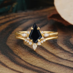 Classic Retro Luxury 4-Prong Kite-Cut Natural Black Onyx Stackable Ring Set