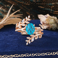 Delicate Leaf Embellished 4 - Prong Oval - Cut Turquoise Ring Sets