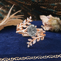Delicate Leaf Embellished 4 - Prong Oval - Cut Natural Black Rutilated Quartz Ring Sets