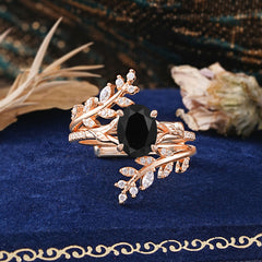 Delicate Leaf Embellished 4 - Prong Oval - Cut Black Onyx Ring Sets