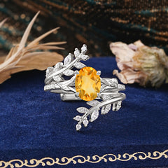 Delicate Leaf Embellished 4 - Prong Oval - Cut Citrine Ring Sets