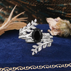Delicate Leaf Embellished 4 - Prong Oval - Cut Black Onyx Ring Sets