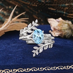 Delicate Leaf Embellished 4 - Prong Oval - Cut Natural Aquamarine Ring Sets