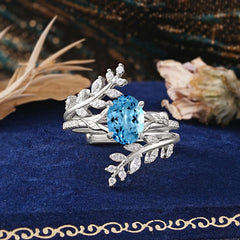 Delicate Leaf Embellished 4 - Prong Oval - Cut Aquamarine Ring Sets