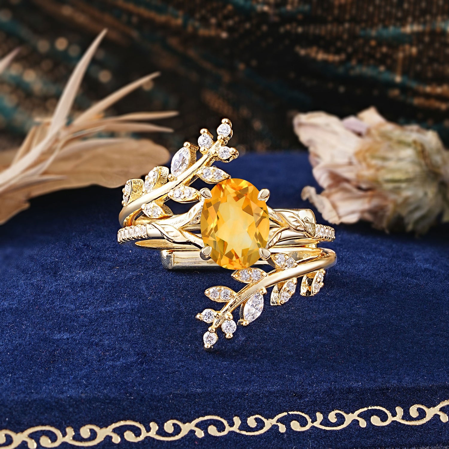 Delicate Leaf Embellished 4 - Prong Oval - Cut Citrine Bridal Ring Set