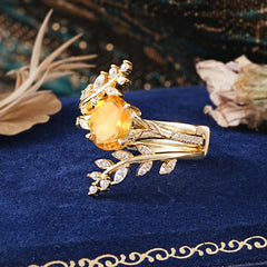 Delicate Leaf Embellished 4 - Prong Oval - Cut Citrine Ring Sets