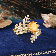 Delicate Leaf Embellished 4 - Prong Oval - Cut Citrine Ring Sets