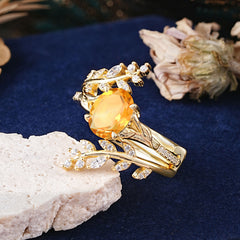 Delicate Leaf Embellished 4 - Prong Oval - Cut Citrine Ring Sets