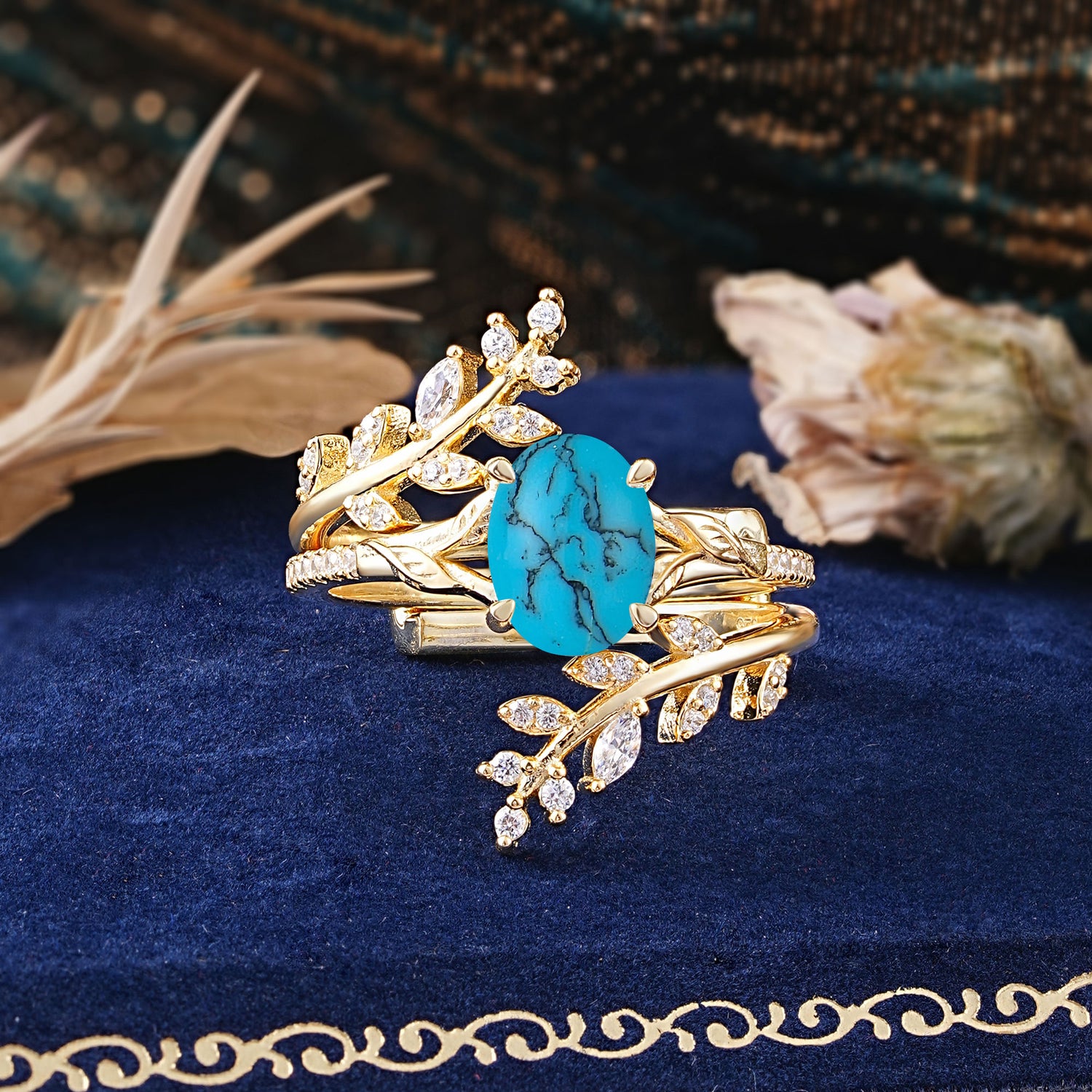 Delicate Leaf Embellished 4 - Prong Oval - Cut Turquoise Bridal Ring Set