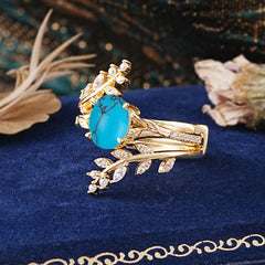 Delicate Leaf Embellished 4 - Prong Oval - Cut Turquoise Ring Sets