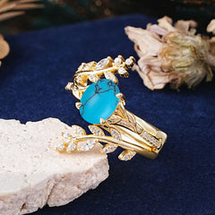Delicate Leaf Embellished 4 - Prong Oval - Cut Turquoise Ring Sets