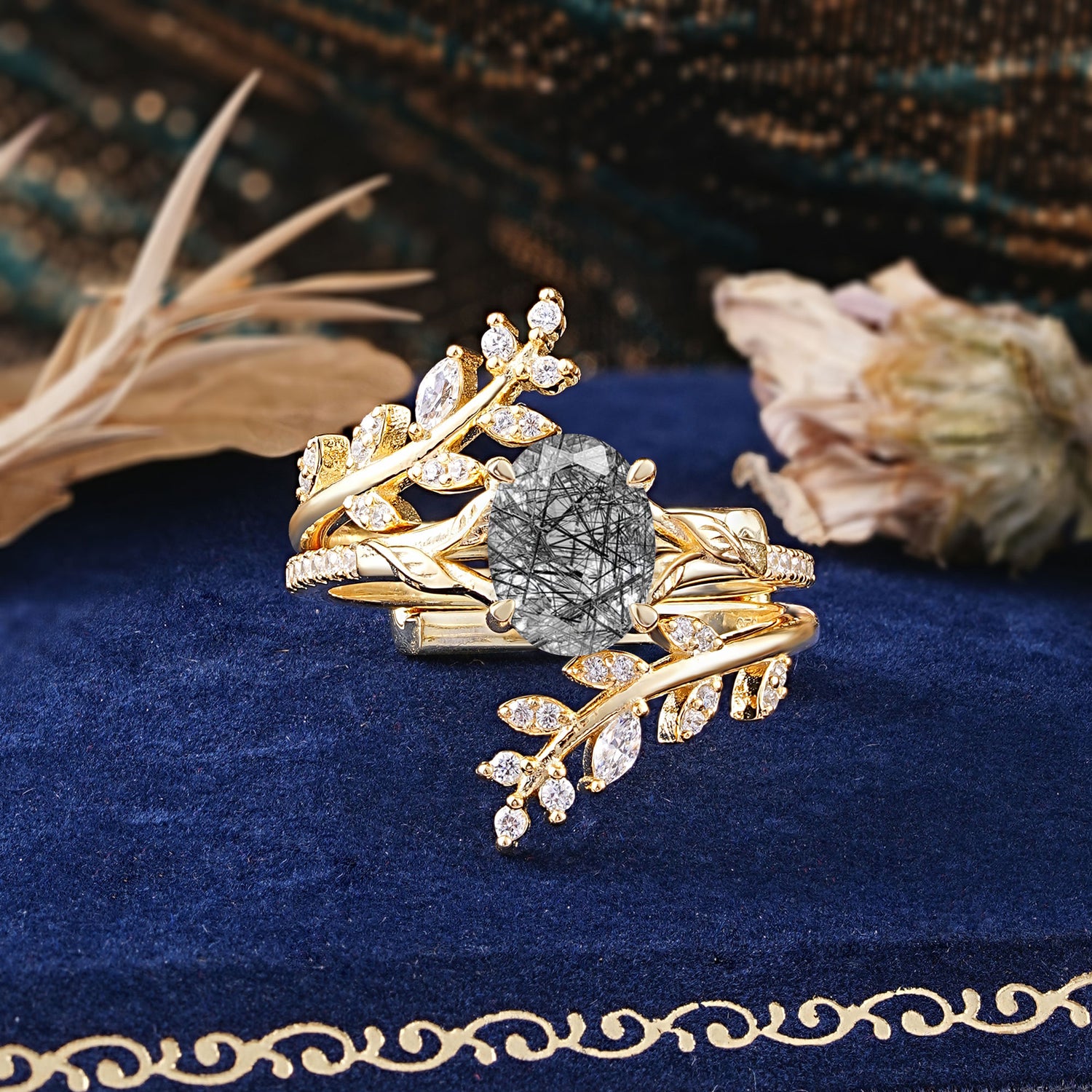 Delicate Leaf Embellished 4 - Prong Oval - Cut Natural Black Rutilated Quartz Bridal Ring Set