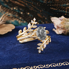 Delicate Leaf Embellished 4 - Prong Oval - Cut Natural Black Rutilated Quartz Ring Sets