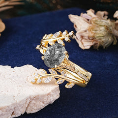 Delicate Leaf Embellished 4 - Prong Oval - Cut Natural Black Rutilated Quartz Ring Sets
