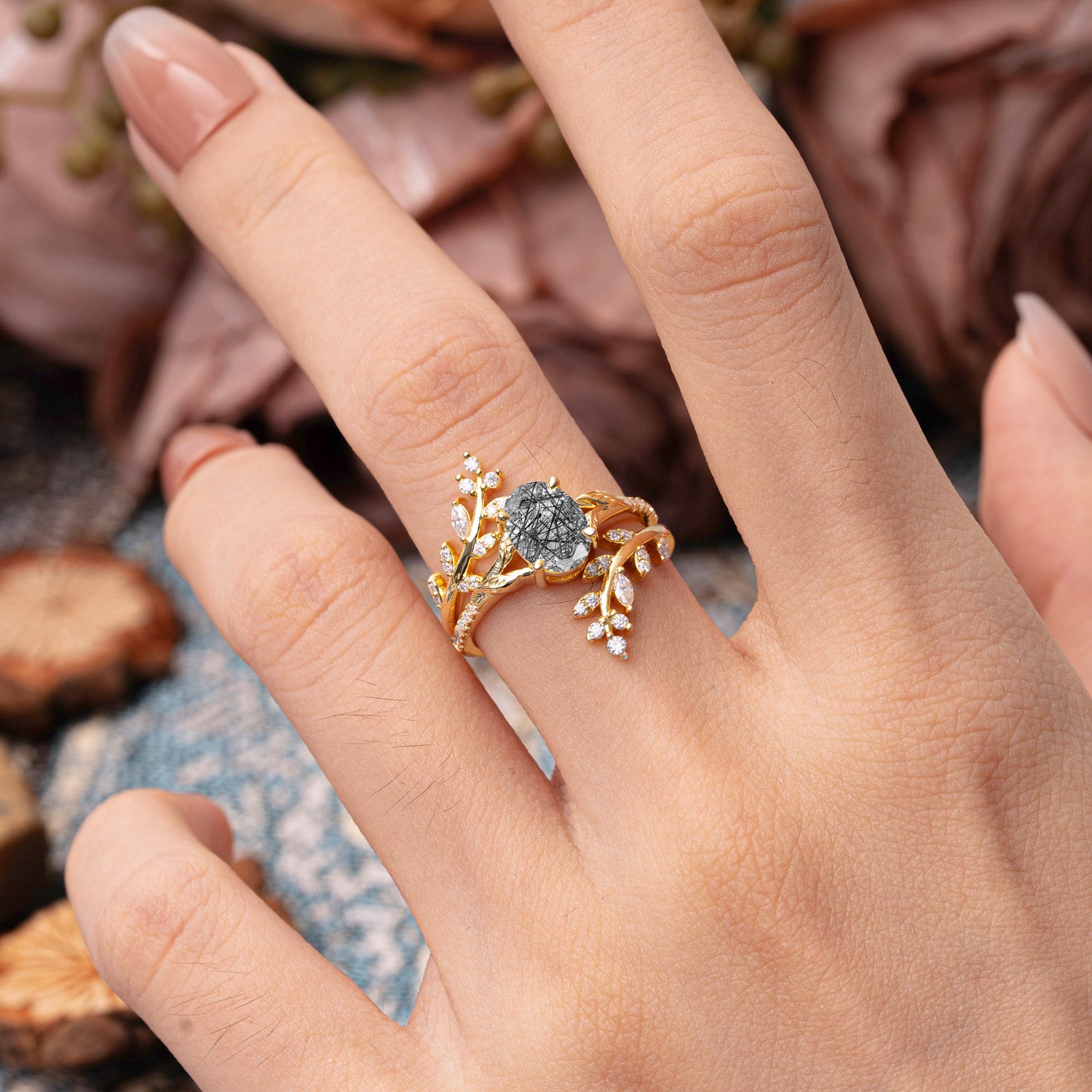 Delicate Leaf Embellished 4 - Prong Oval - Cut Natural Black Rutilated Quartz Bridal Ring Set