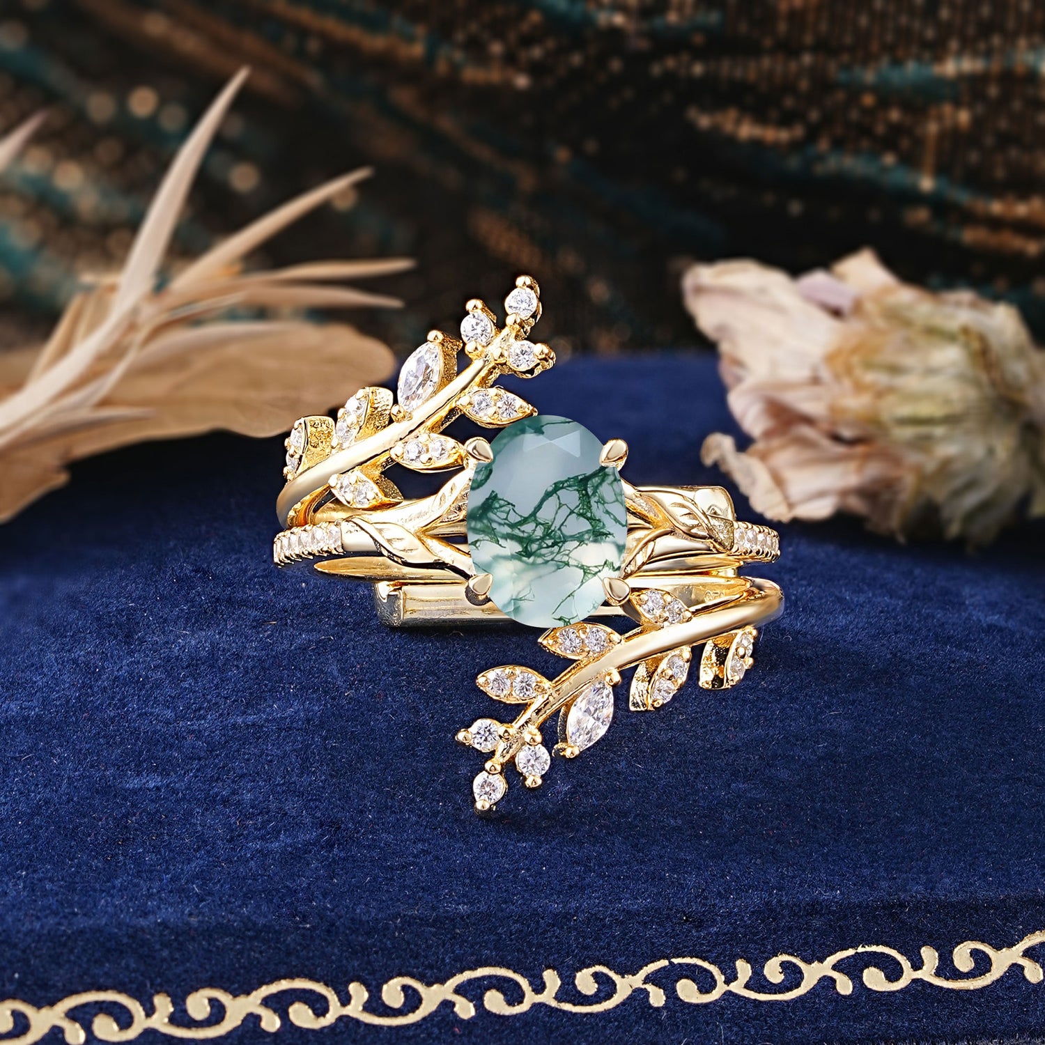 Delicate Leaf Embellished 4 - Prong Oval - Cut Natural Moss Agate Bridal Ring Set