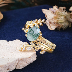 Delicate Leaf Embellished 4 - Prong Oval - Cut Natural Moss Agate Ring Sets