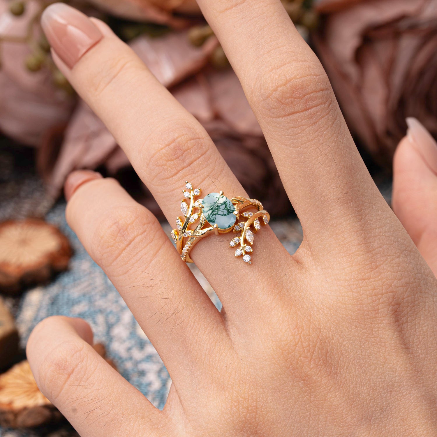 Delicate Leaf Embellished 4 - Prong Oval - Cut Natural Moss Agate Bridal Ring Set