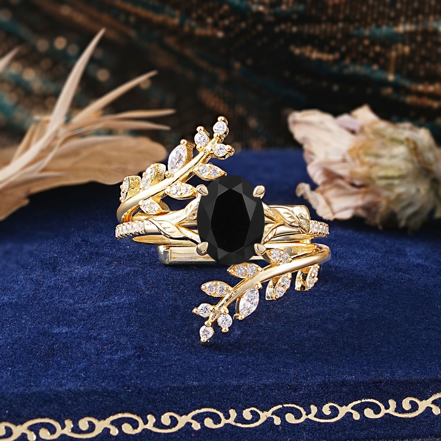 Delicate Leaf Embellished 4 - Prong Oval - Cut Black Onyx Bridal Ring Set