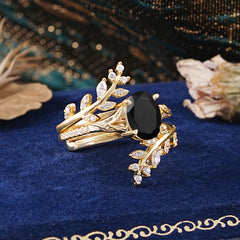 Delicate Leaf Embellished 4 - Prong Oval - Cut Black Onyx Ring Sets